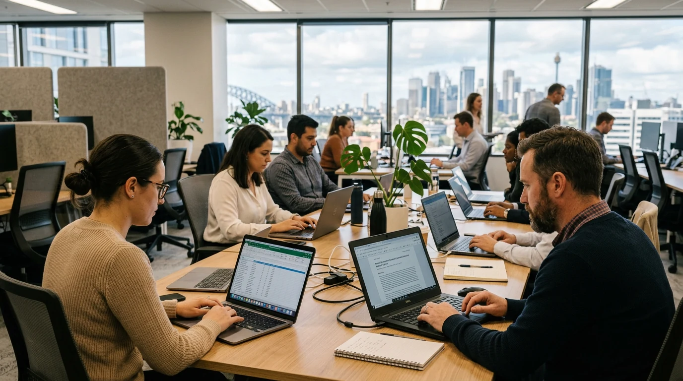 Staff attending an AI awareness training session in an Australian workplace meeting room