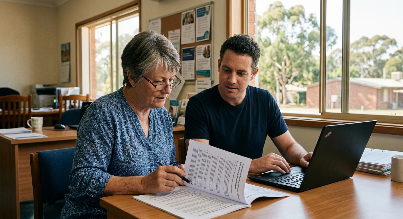 Community services manager reviewing a Commonwealth funding agreement with a colleague.