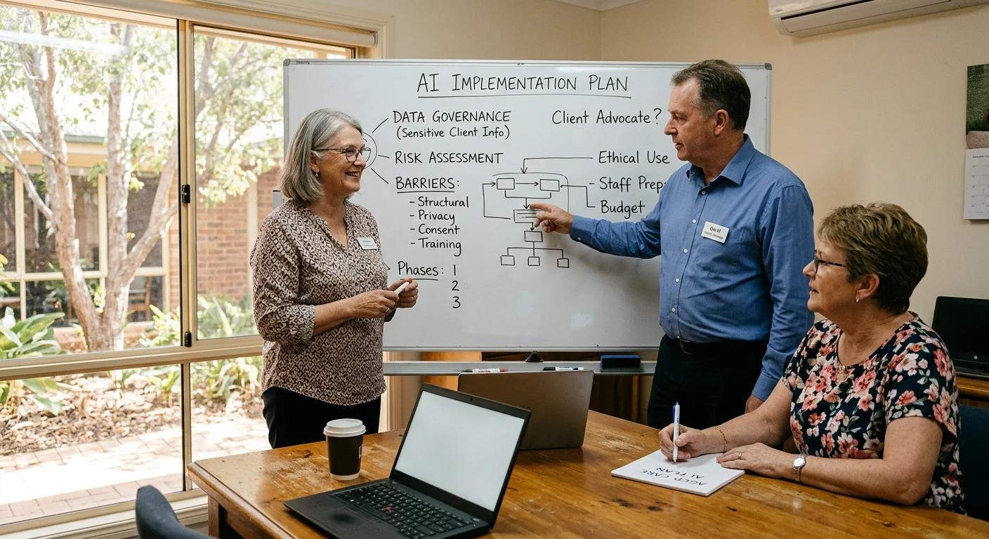 A small group of aged care managers planning a submission to the Joint select committee on AI implementation on a whiteboard